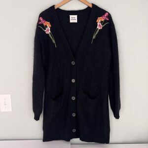 Aritzia Little Moon Small Black Wool‎ Mohair Floral Applique Cardigan Sweater